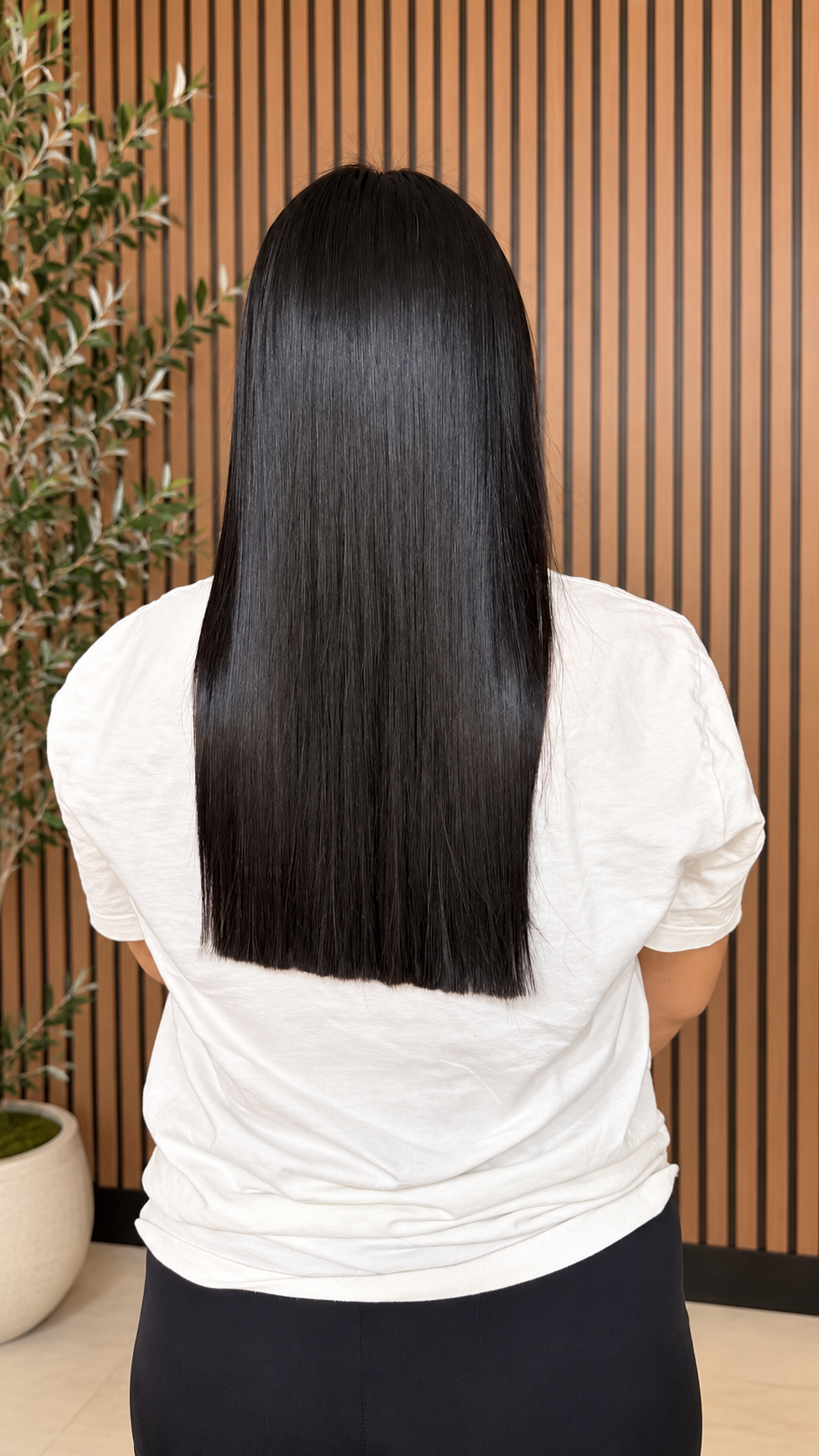 Cabello negro largo, liso y brillante visto desde atrás